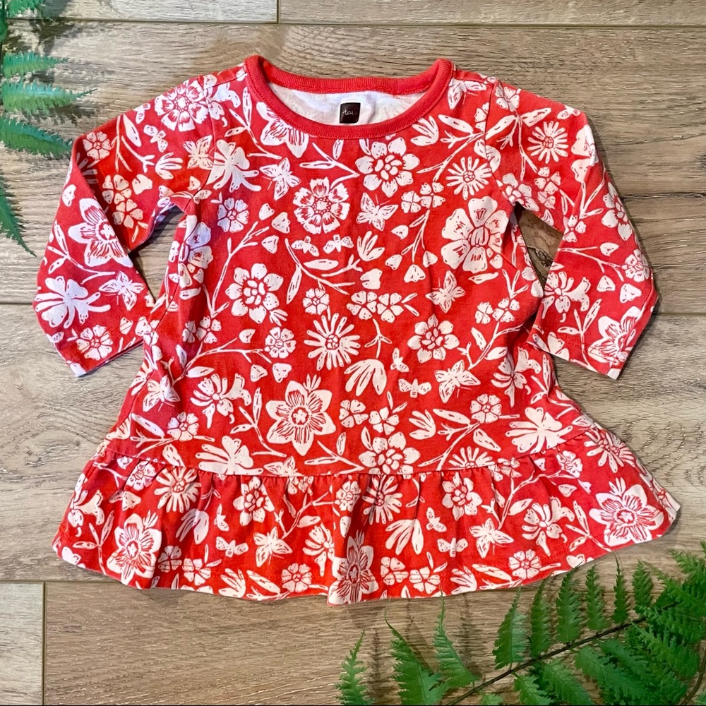 Tea Collection Dress Coral Red Floral Peplum Baby Dress, 6-9 months